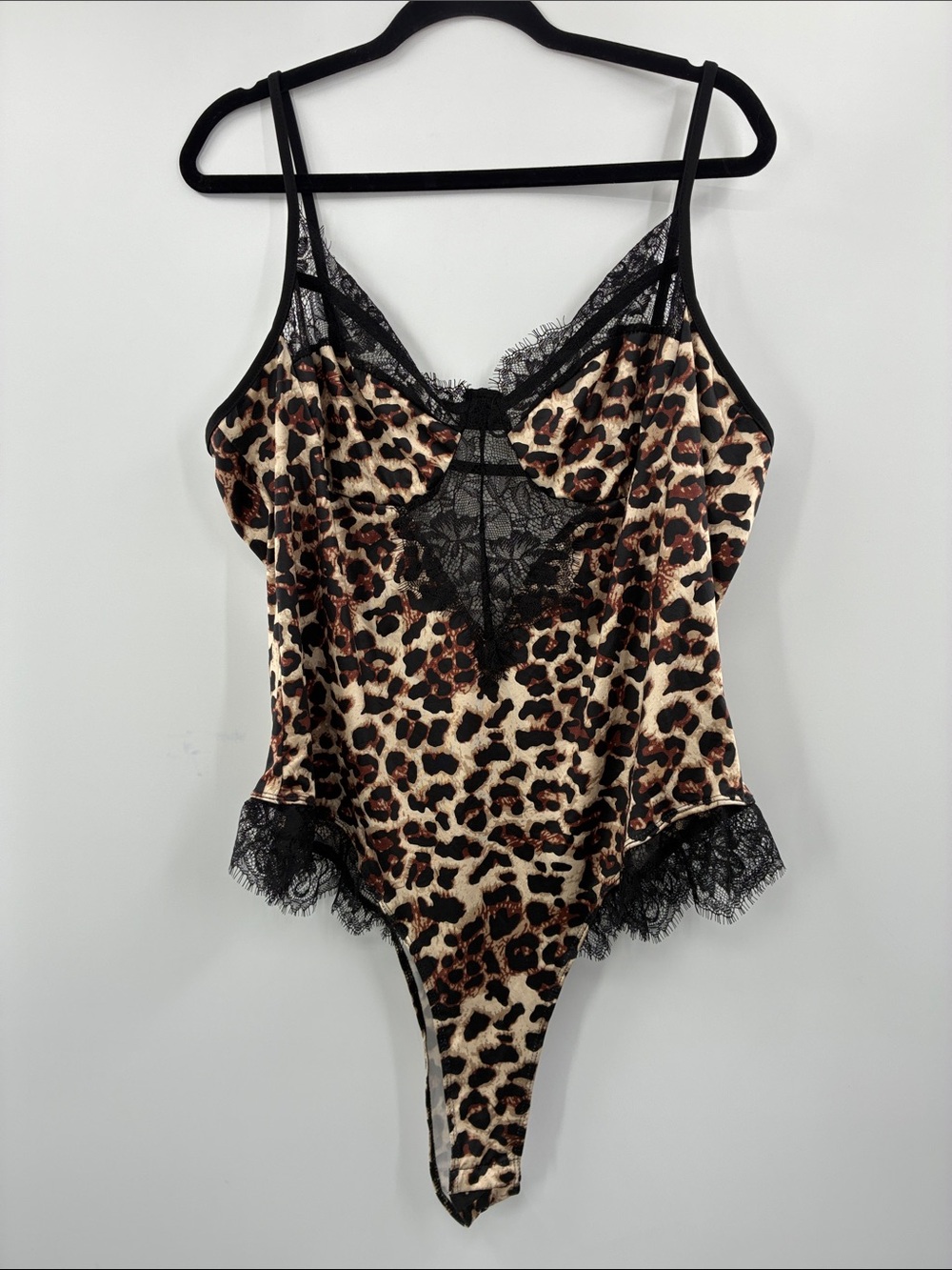 SHEIN Leopard Lace-Trim Teddy Bodysuit - Black/Beige/Brown size 4X
